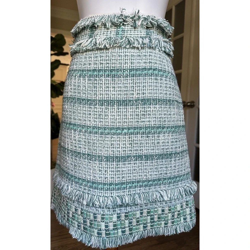 Tory Burch Nora Skirt Size 8 Green White Tweed Fringe Trim Designer Women's - Picture 1 of 12